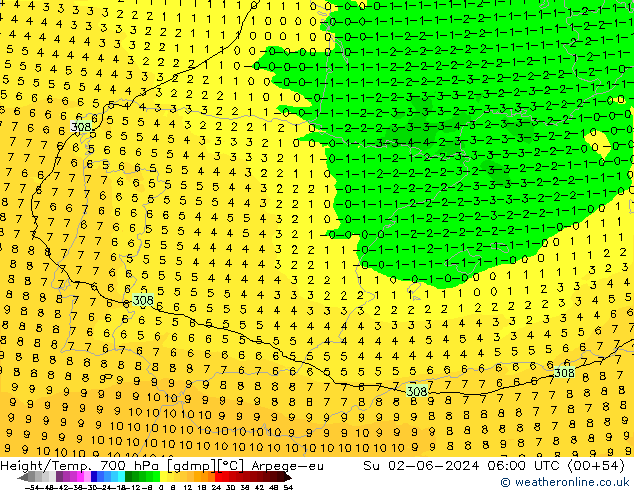 Height/Temp. 700 hPa Arpege-eu Dom 02.06.2024 06 UTC