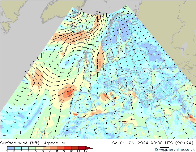 Wind 10 m (bft) Arpege-eu za 01.06.2024 00 UTC