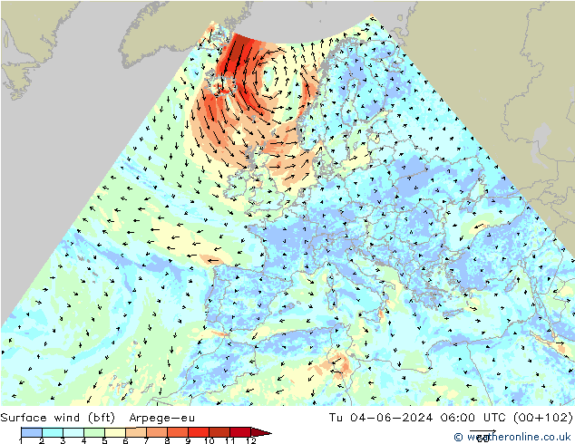 Vento 10 m (bft) Arpege-eu mar 04.06.2024 06 UTC