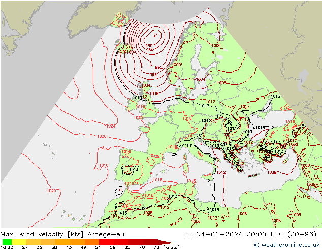 Max. wind velocity Arpege-eu mar 04.06.2024 00 UTC