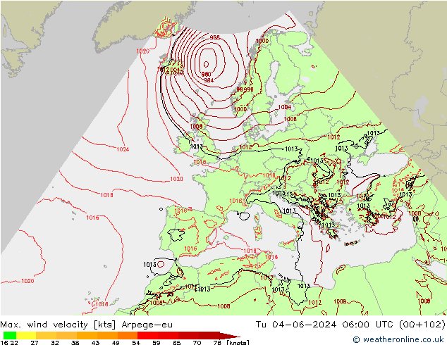 Max. wind velocity Arpege-eu Tu 04.06.2024 06 UTC