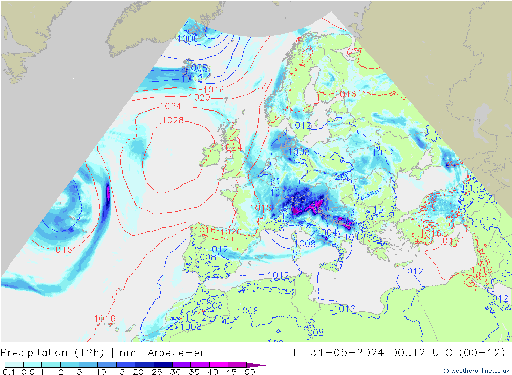 Precipitation (12h) Arpege-eu Fr 31.05.2024 12 UTC