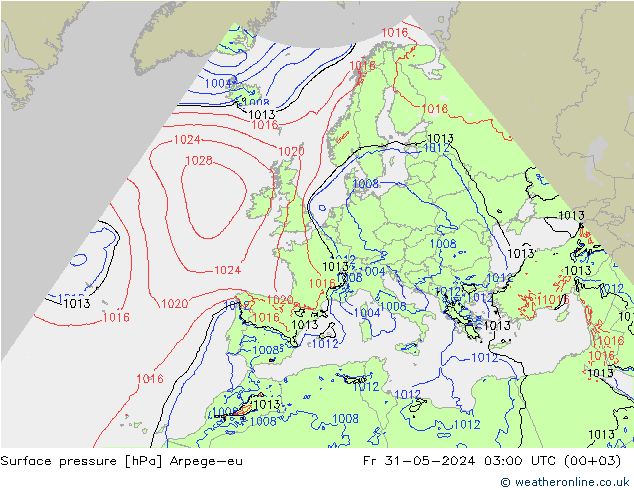 Atmosférický tlak Arpege-eu Pá 31.05.2024 03 UTC