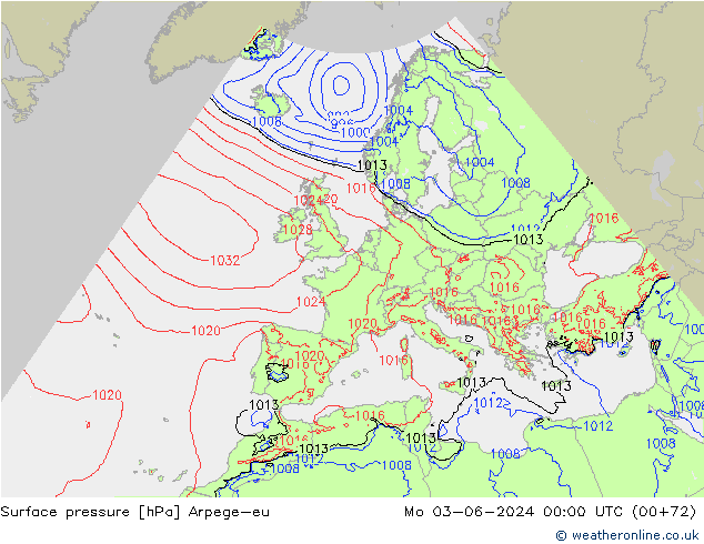 Surface pressure Arpege-eu Mo 03.06.2024 00 UTC