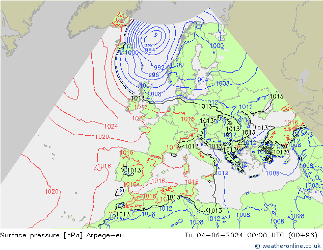 Surface pressure Arpege-eu Tu 04.06.2024 00 UTC