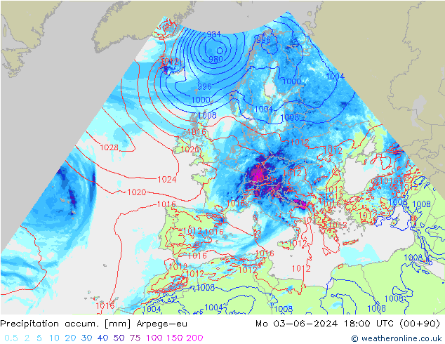 Precipitation accum. Arpege-eu pon. 03.06.2024 18 UTC