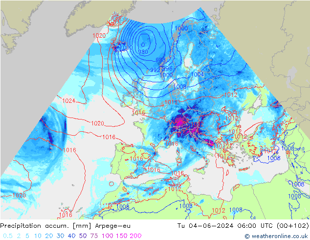 Totale neerslag Arpege-eu di 04.06.2024 06 UTC