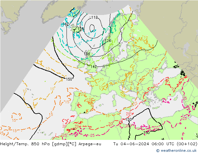 Hoogte/Temp. 850 hPa Arpege-eu di 04.06.2024 06 UTC