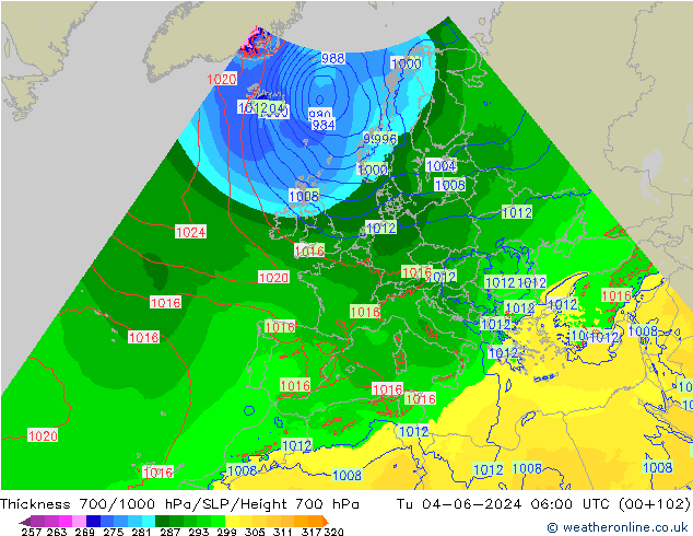 Schichtdicke 700-1000 hPa Arpege-eu Di 04.06.2024 06 UTC