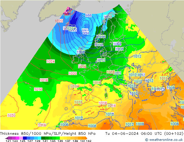 Thck 850-1000 гПа Arpege-eu вт 04.06.2024 06 UTC