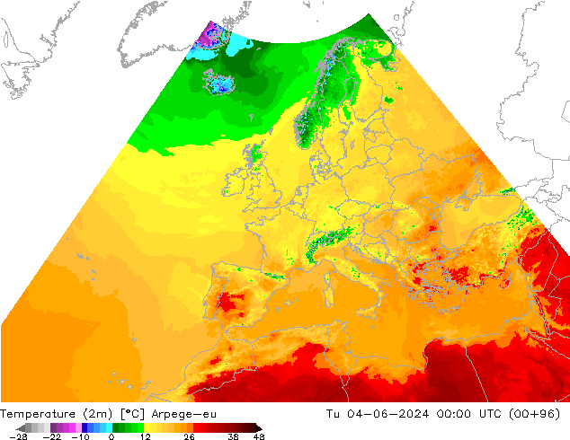 température (2m) Arpege-eu mar 04.06.2024 00 UTC