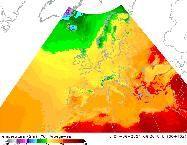 Temperature (2m) Arpege-eu Tu 04.06.2024 06 UTC