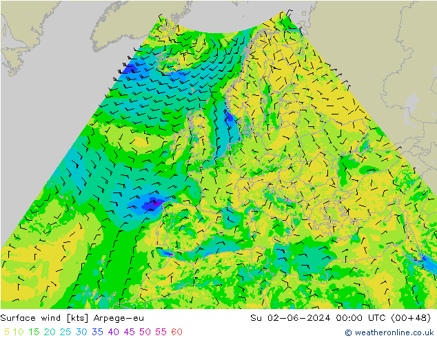 Surface wind Arpege-eu Ne 02.06.2024 00 UTC