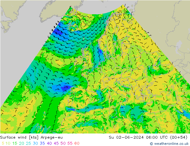 Viento 10 m Arpege-eu dom 02.06.2024 06 UTC