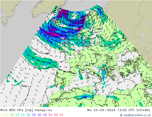 Wind 850 hPa Arpege-eu Mo 03.06.2024 12 UTC