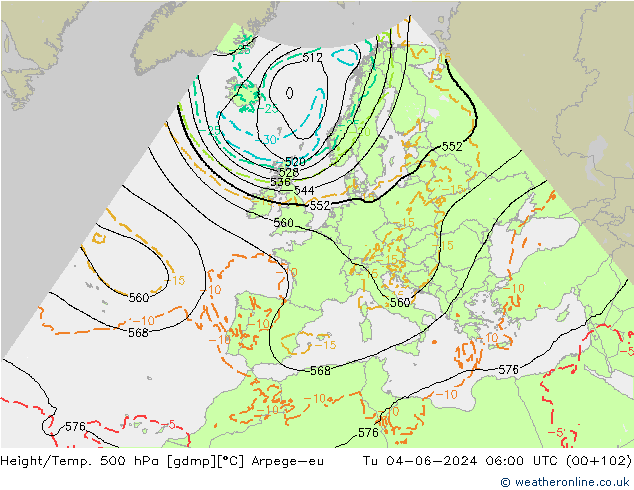 Height/Temp. 500 hPa Arpege-eu Tu 04.06.2024 06 UTC