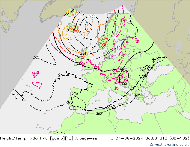 Yükseklik/Sıc. 700 hPa Arpege-eu Sa 04.06.2024 06 UTC