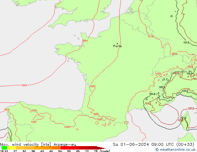 Max. wind velocity Arpege-eu сб 01.06.2024 09 UTC