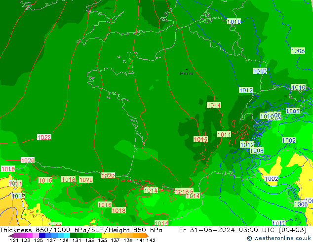 Dikte 850-1000 hPa Arpege-eu vr 31.05.2024 03 UTC