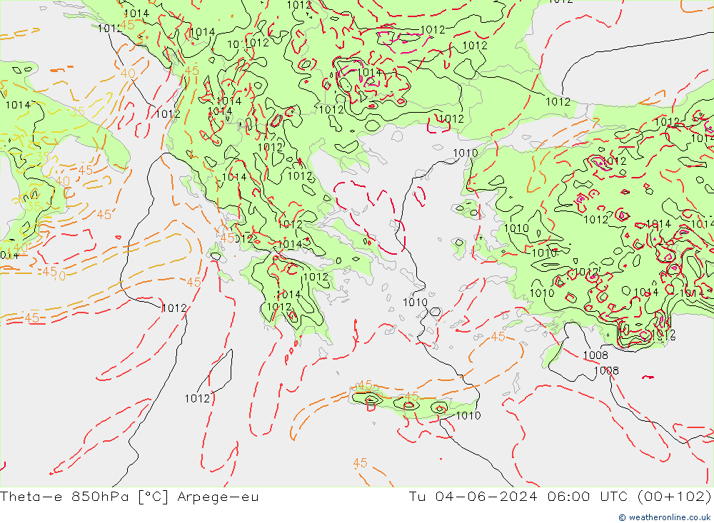 Theta-e 850hPa Arpege-eu di 04.06.2024 06 UTC