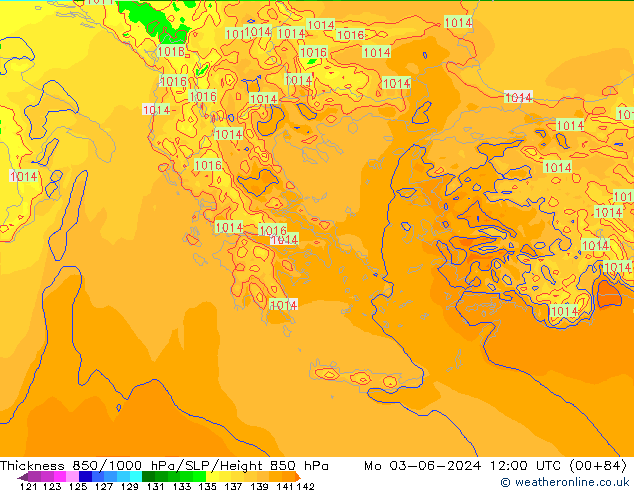 Espesor 850-1000 hPa Arpege-eu lun 03.06.2024 12 UTC