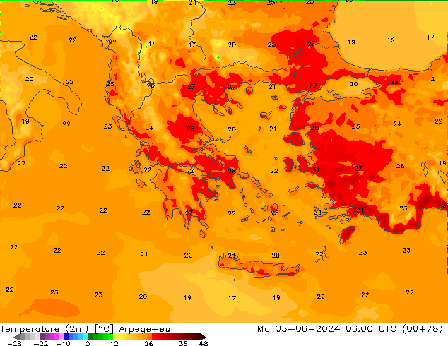 mapa temperatury (2m) Arpege-eu pon. 03.06.2024 06 UTC