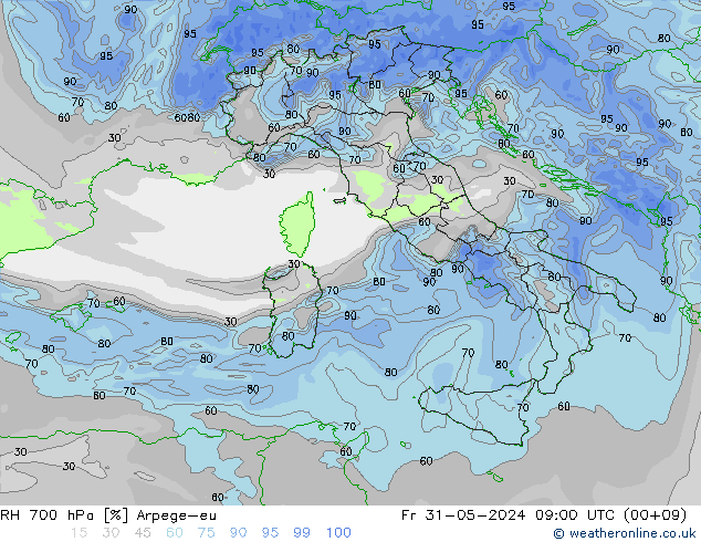 RH 700 hPa Arpege-eu Fr 31.05.2024 09 UTC
