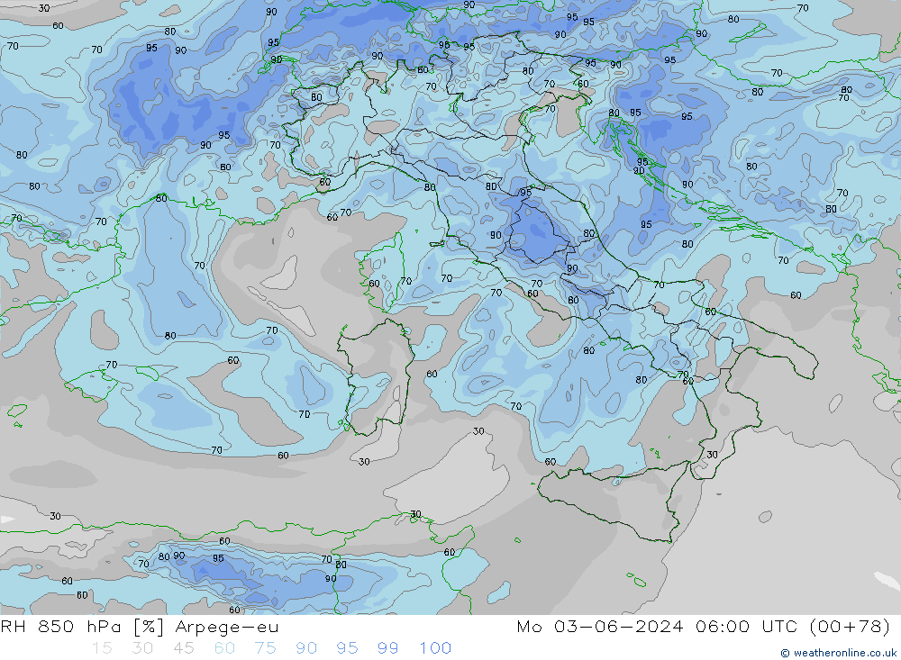 RH 850 hPa Arpege-eu Mo 03.06.2024 06 UTC