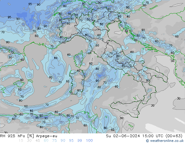 Humidité rel. 925 hPa Arpege-eu dim 02.06.2024 15 UTC