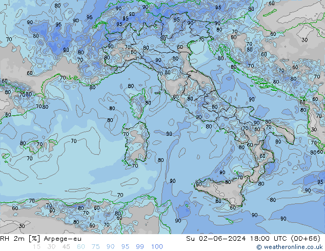 RH 2m Arpege-eu Ne 02.06.2024 18 UTC