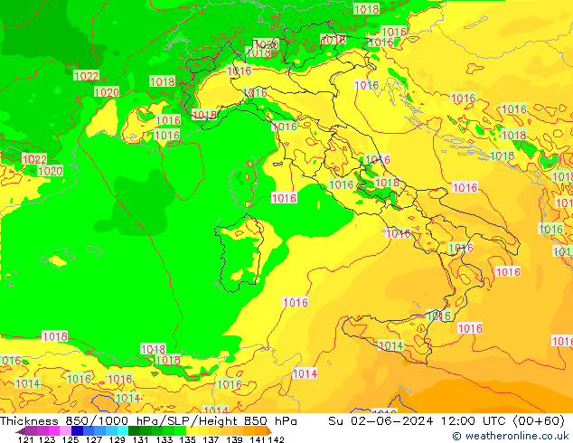 Dikte 850-1000 hPa Arpege-eu zo 02.06.2024 12 UTC