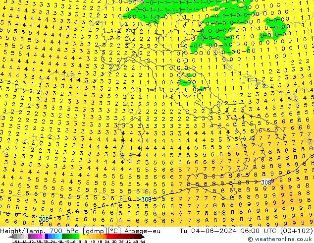 Géop./Temp. 700 hPa Arpege-eu mar 04.06.2024 06 UTC