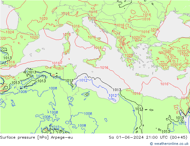 Atmosférický tlak Arpege-eu So 01.06.2024 21 UTC