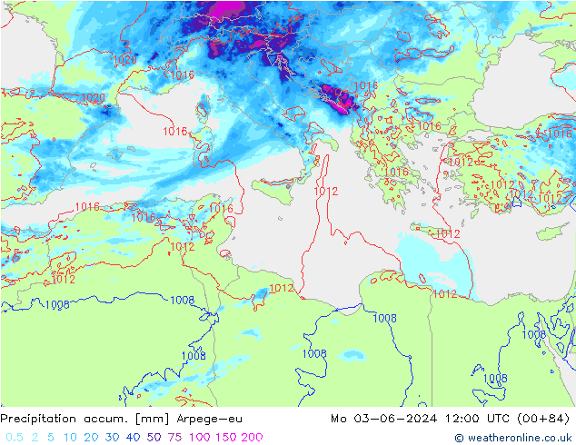 Precipitation accum. Arpege-eu Mo 03.06.2024 12 UTC