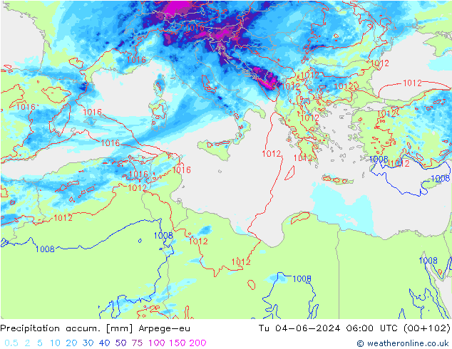 Precipitation accum. Arpege-eu Tu 04.06.2024 06 UTC