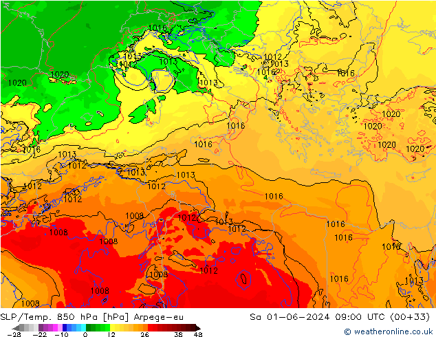 SLP/Temp. 850 hPa Arpege-eu so. 01.06.2024 09 UTC