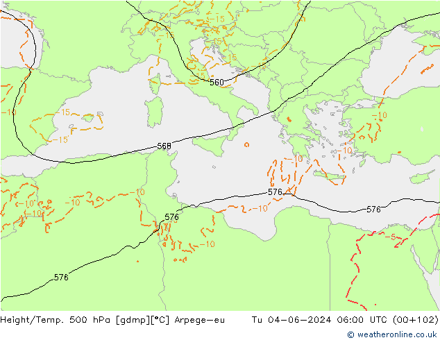 Height/Temp. 500 hPa Arpege-eu Tu 04.06.2024 06 UTC