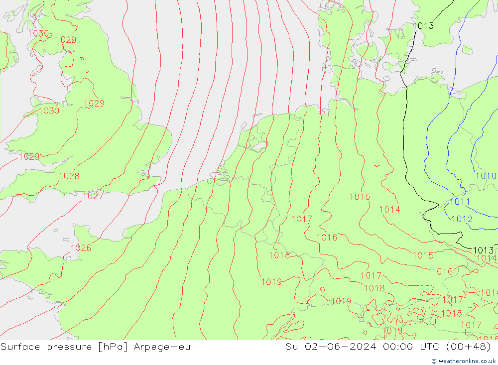 Pressione al suolo Arpege-eu dom 02.06.2024 00 UTC