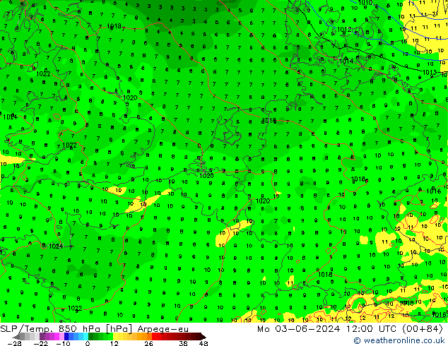 SLP/Temp. 850 hPa Arpege-eu Mo 03.06.2024 12 UTC