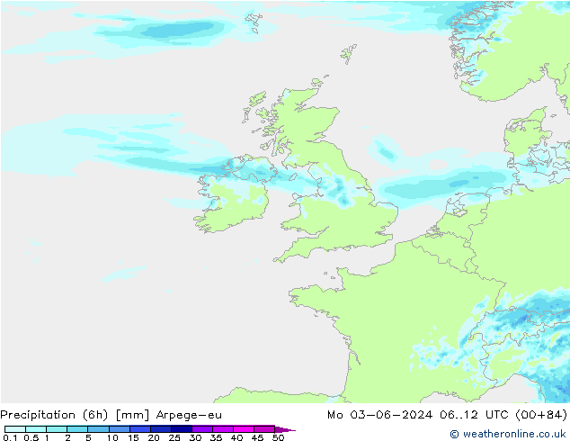 Precipitación (6h) Arpege-eu lun 03.06.2024 12 UTC