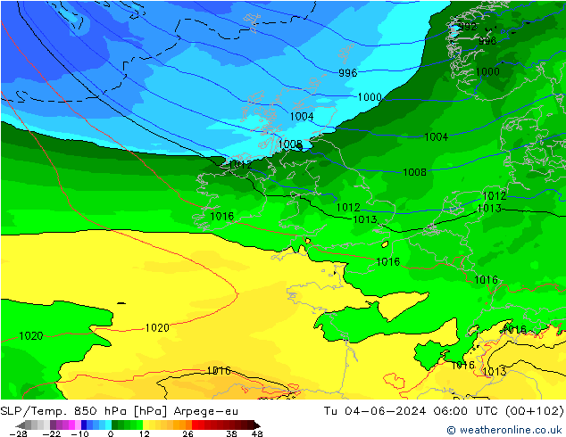 SLP/Temp. 850 hPa Arpege-eu  04.06.2024 06 UTC