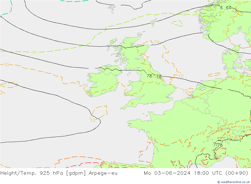 Geop./Temp. 925 hPa Arpege-eu lun 03.06.2024 18 UTC