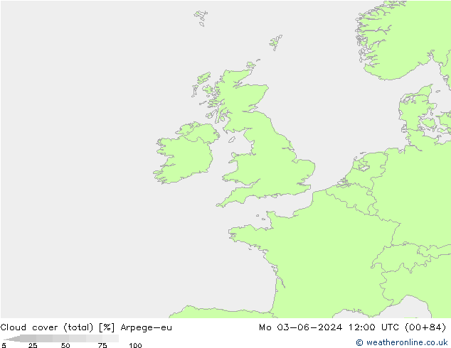Cloud cover (total) Arpege-eu Mo 03.06.2024 12 UTC