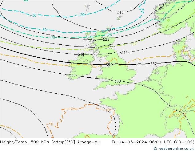 Height/Temp. 500 гПа Arpege-eu вт 04.06.2024 06 UTC