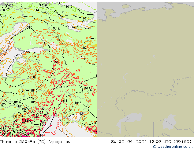 Theta-e 850hPa Arpege-eu Dom 02.06.2024 12 UTC