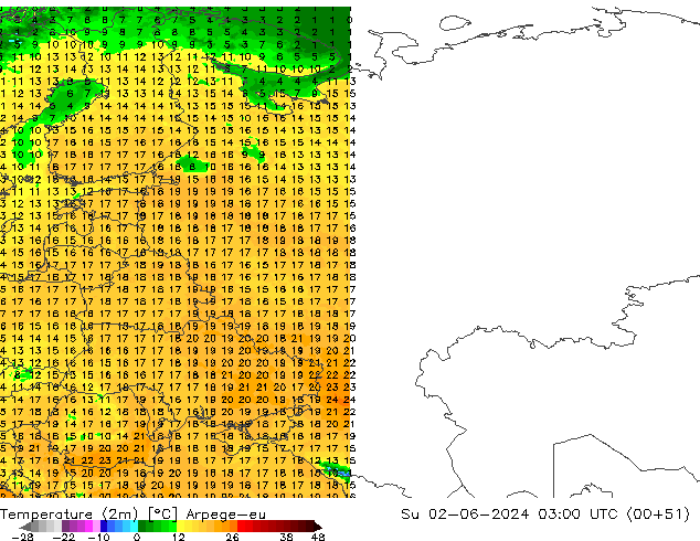 Temperatura (2m) Arpege-eu Dom 02.06.2024 03 UTC