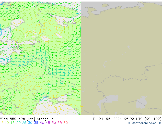 Wind 850 hPa Arpege-eu Út 04.06.2024 06 UTC