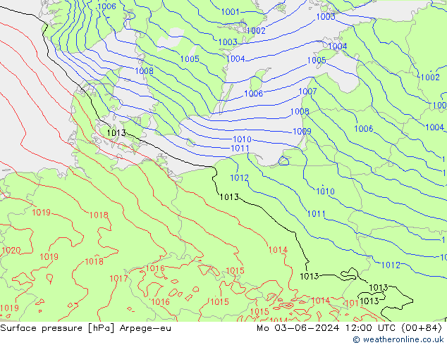 Surface pressure Arpege-eu Mo 03.06.2024 12 UTC