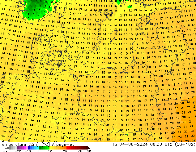 Temperature (2m) Arpege-eu Tu 04.06.2024 06 UTC