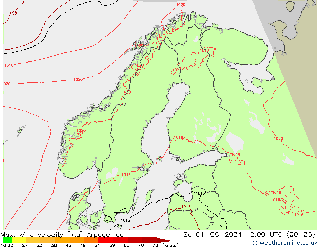 Max. wind velocity Arpege-eu sam 01.06.2024 12 UTC